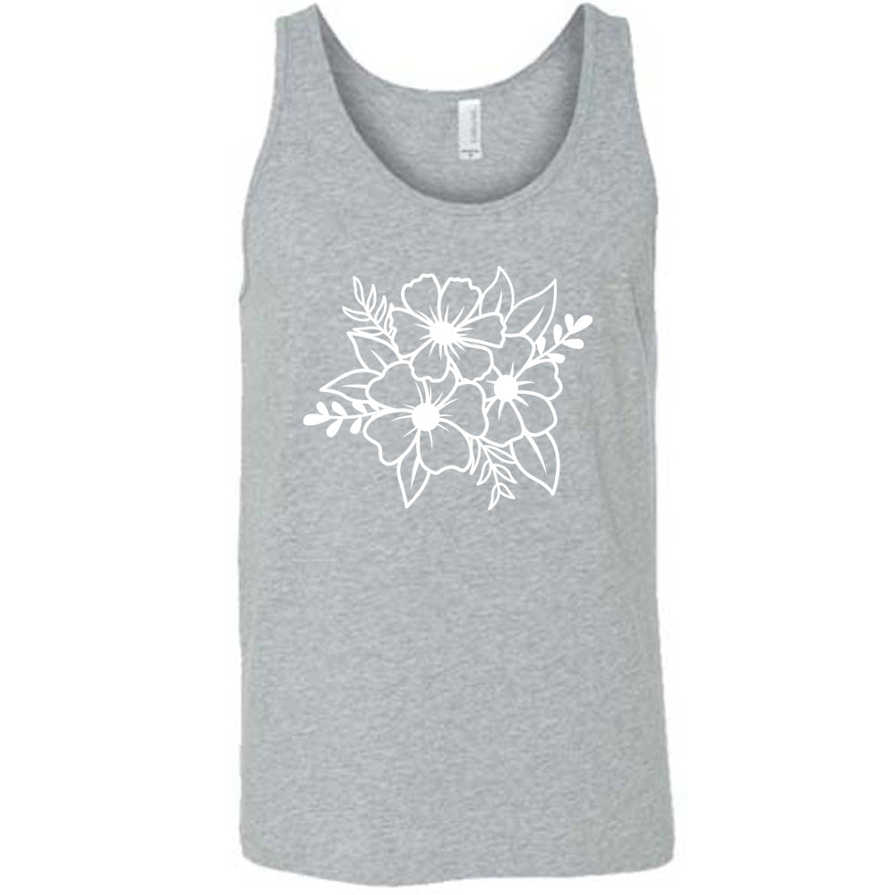 grey shirt with a graphic of a flower bouquet on it