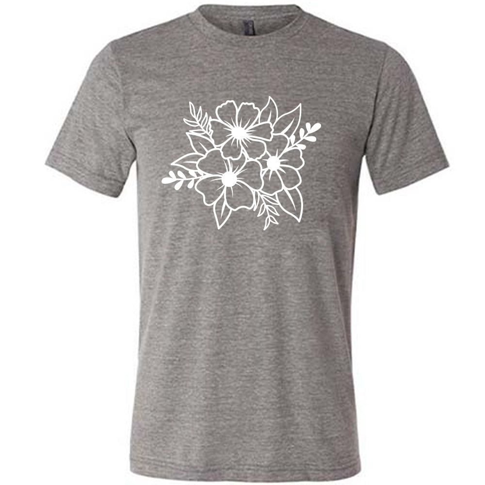 grey shirt with a graphic of a flower bouquet on it