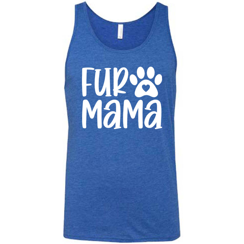 blue unisex tank with the words "fur mama" on it and a pawprint graphic with a little heart at the center of it