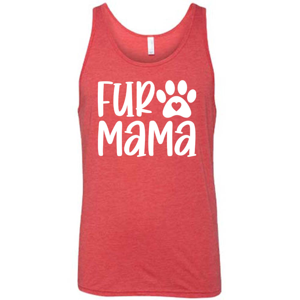red unisex tank with the words "fur mama" on it and a pawprint graphic with a little heart at the center of it