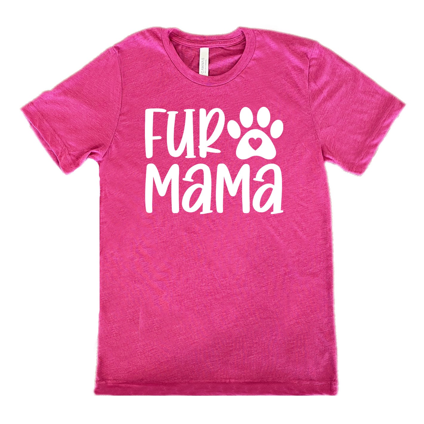 berry unisex tee with the words "fur mama" on it and a pawprint graphic with a little heart at the center of it