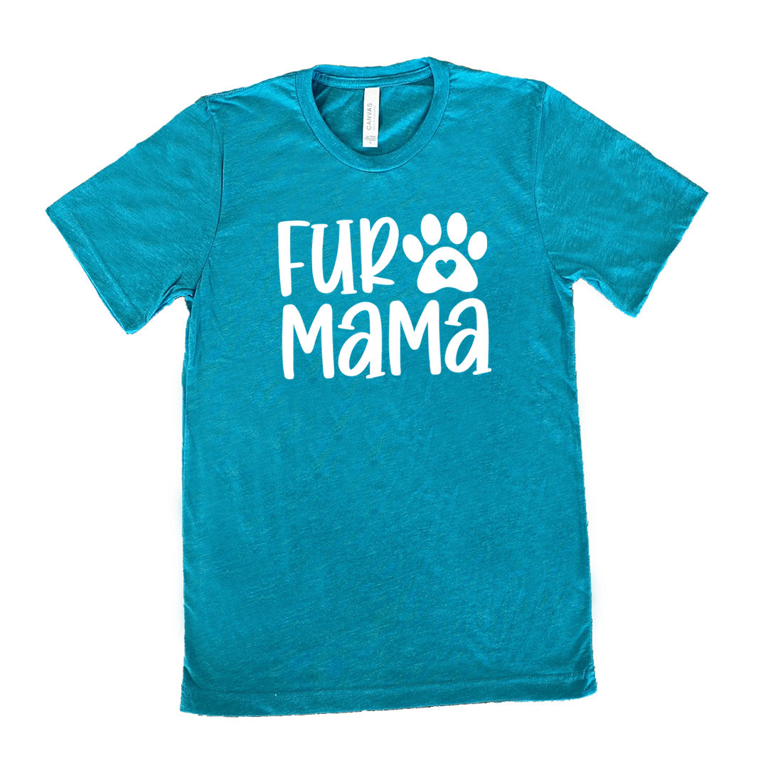 teal unisex tee with the words "fur mama" on it and a pawprint graphic with a little heart at the center of it