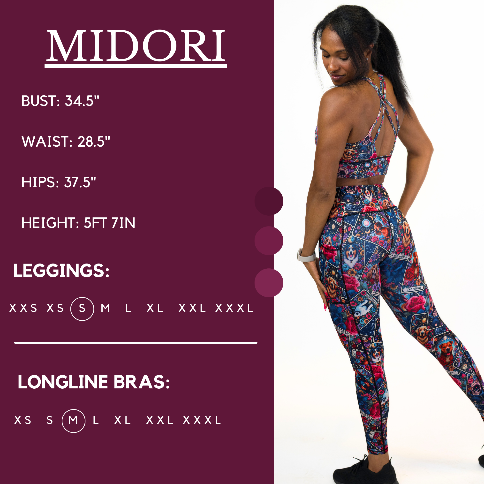 Model’s measurements of 34.5” bust, 28.5” waist, 37.5” hips and height of 5 ft 7 inches. She is wearing a size small in our leggings