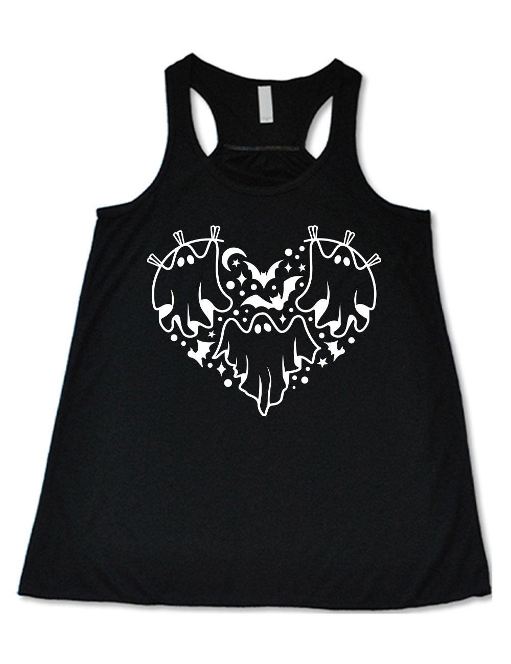 black flowy racerback tank with the graphic of a heart that is made up of three ghosts, bats, stars, dots and a moon
