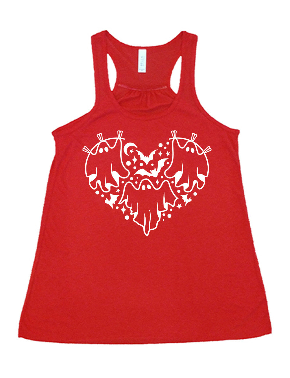 red flowy racerback tank with the graphic of a heart that is made up of three ghosts, bats, stars, dots and a moon