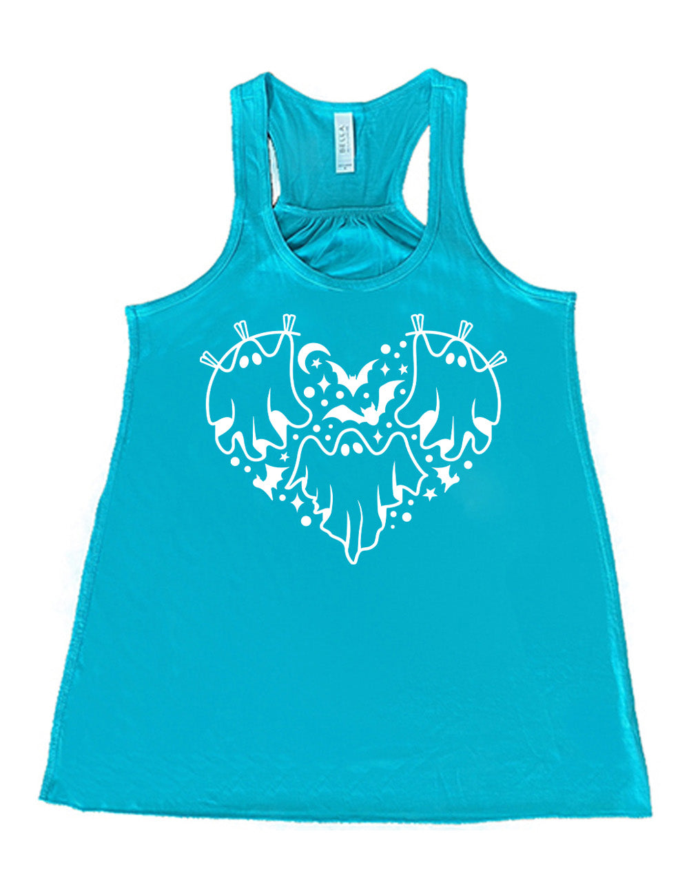 teal flowy racerback tank with the graphic of a heart that is made up of three ghosts, bats, stars, dots and a moon