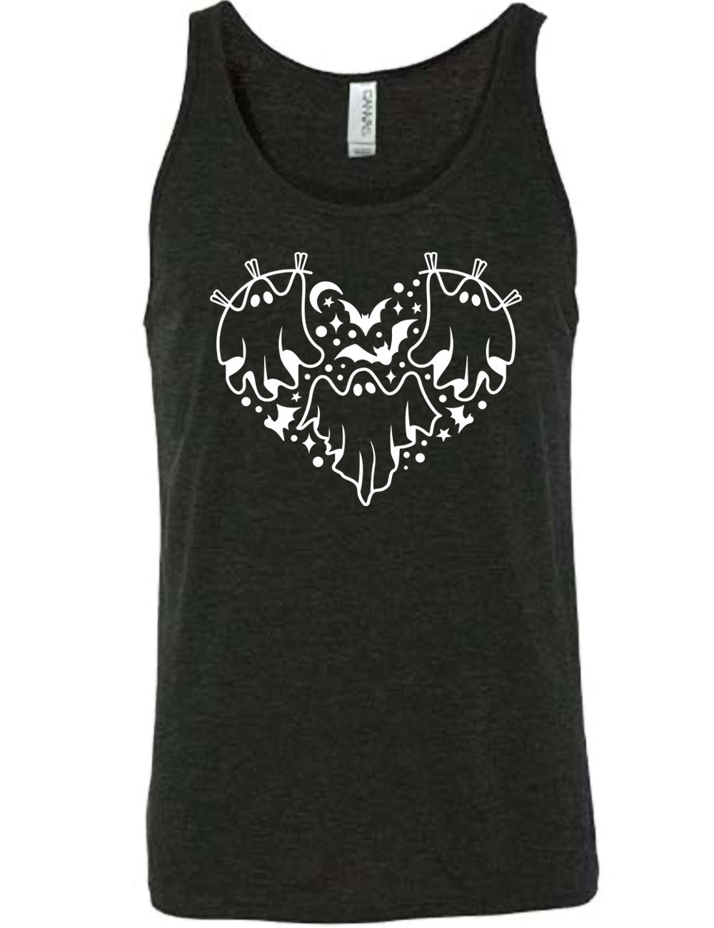 black unisex tank with the graphic of a heart that is made up of three ghosts, bats, stars, dots and a moon