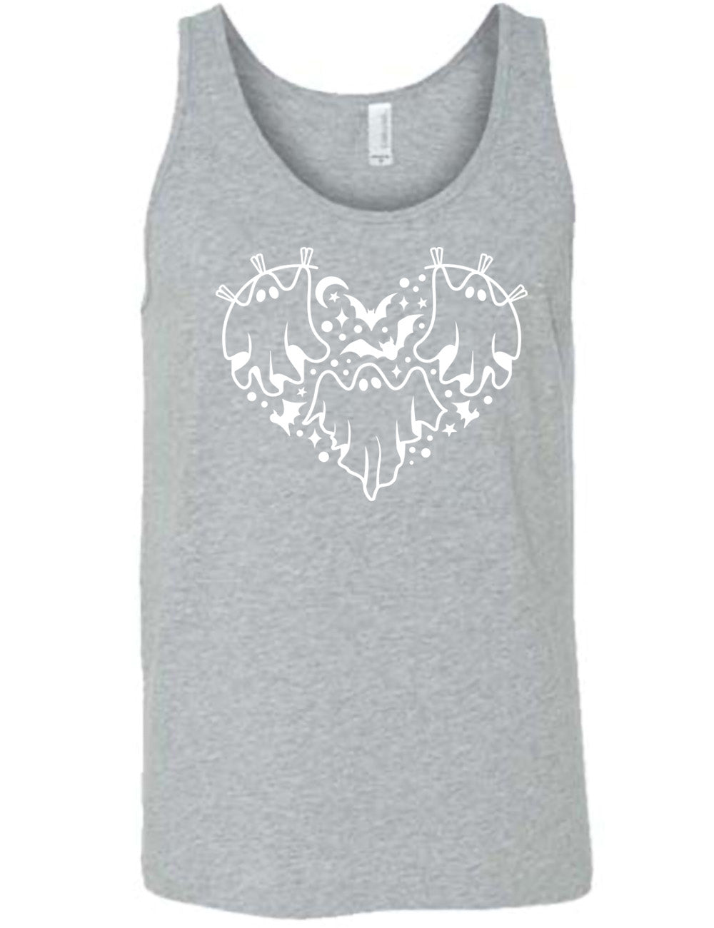 grey unisex tank with the graphic of a heart that is made up of three ghosts, bats, stars, dots and a moon