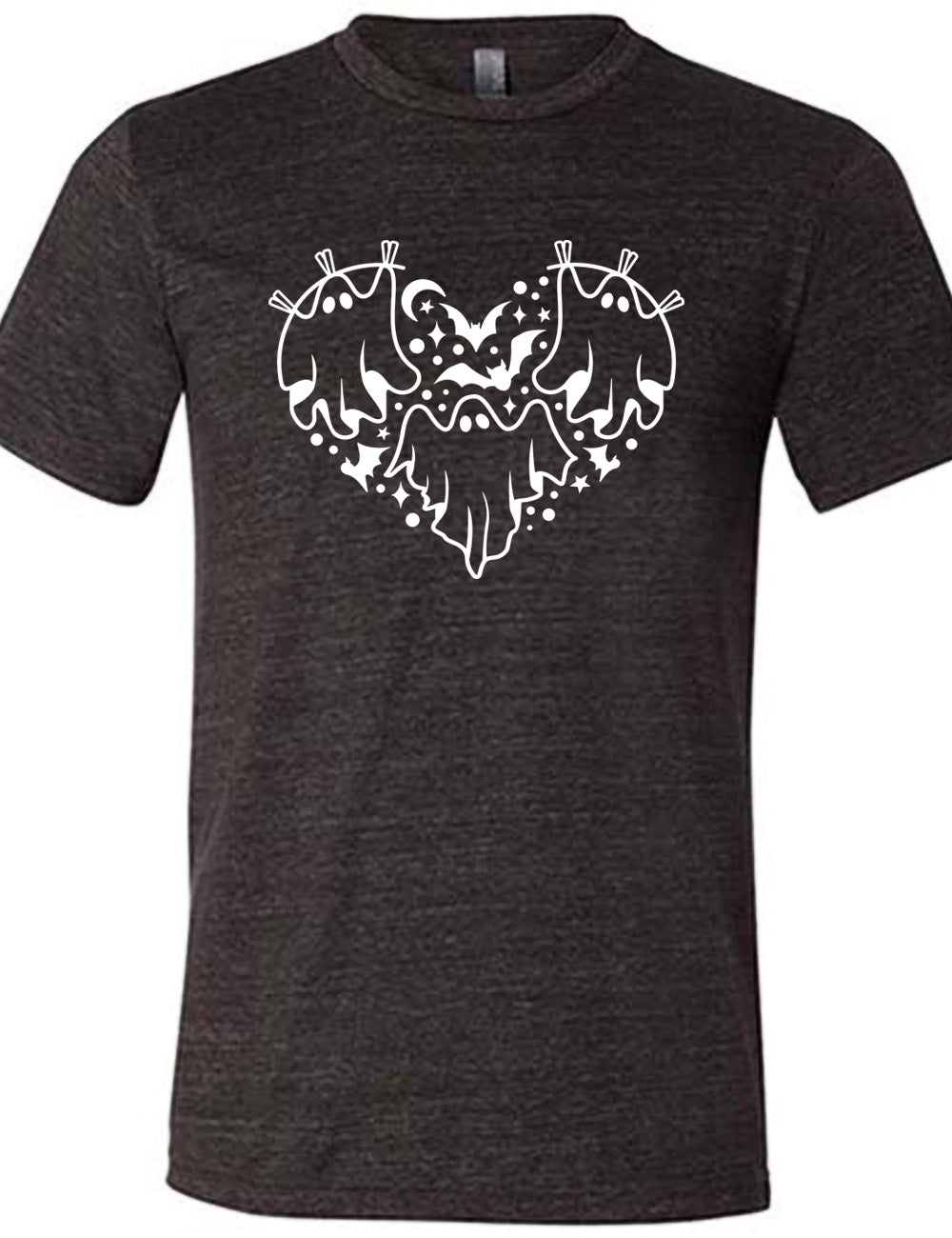 black unisex tee with the graphic of a heart that is made up of three ghosts, bats, stars, dots and a moon