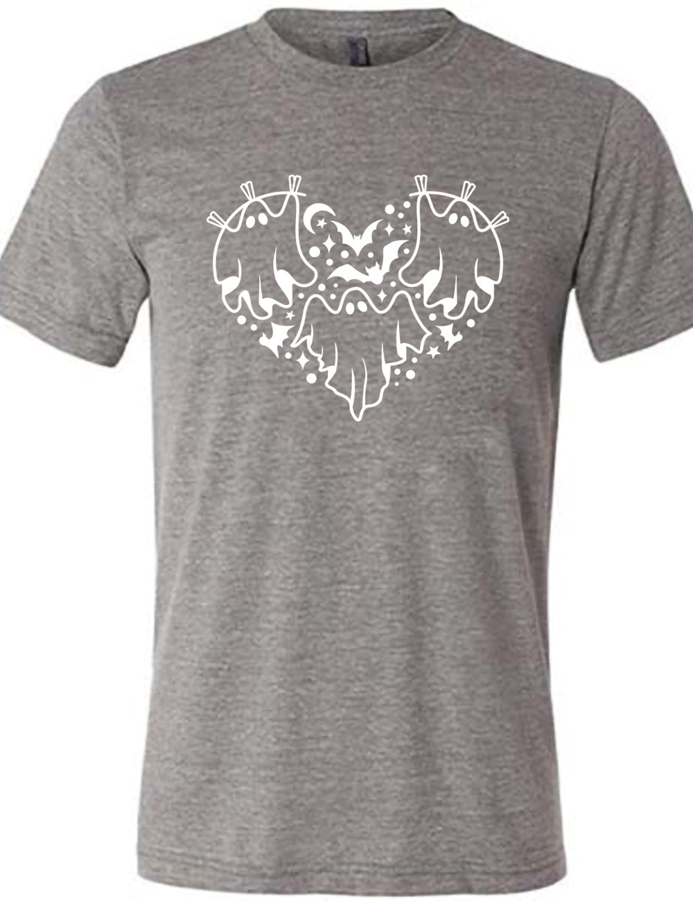 grey unisex tee with the graphic of a heart that is made up of three ghosts, bats, stars, dots and a moon