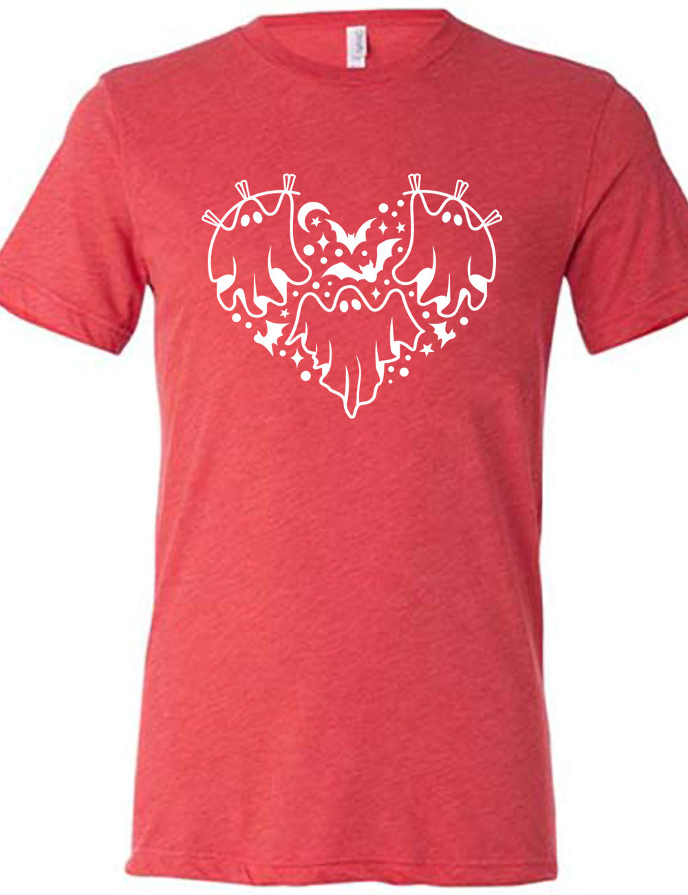 red unisex tee with the graphic of a heart that is made up of three ghosts, bats, stars, dots and a moon