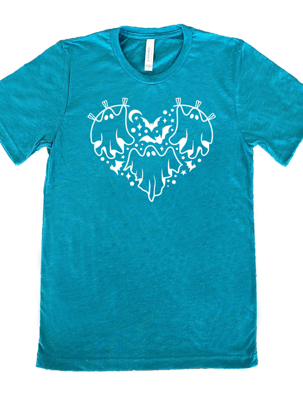 teal unisex tee with the graphic of a heart that is made up of three ghosts, bats, stars, dots and a moon