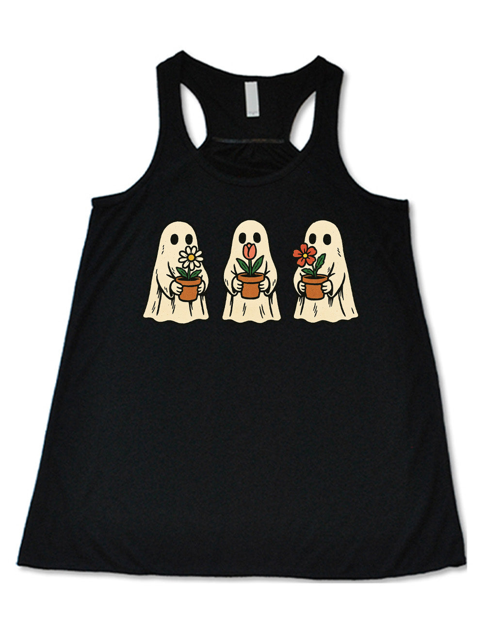 black flowy racerback tank with the graphic of three ghosts, each holding a flower pot
