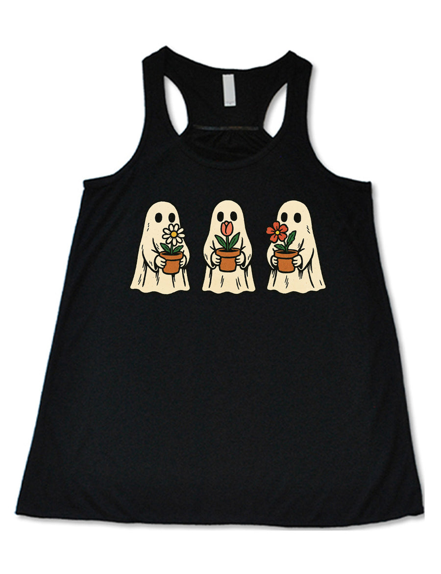 black flowy racerback tank with the graphic of three ghosts, each holding a flower pot