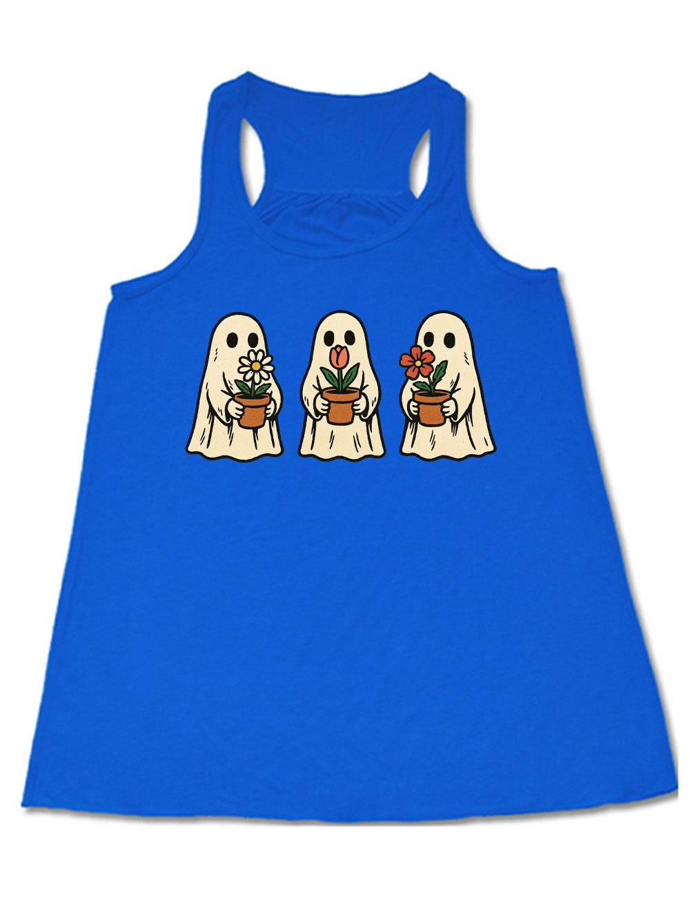 blue flowy racerback tank with the graphic of three ghosts, each holding a flower pot