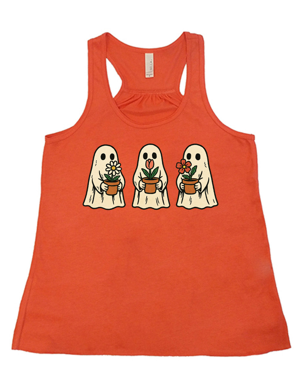 coral flowy racerback tank with the graphic of three ghosts, each holding a flower pot