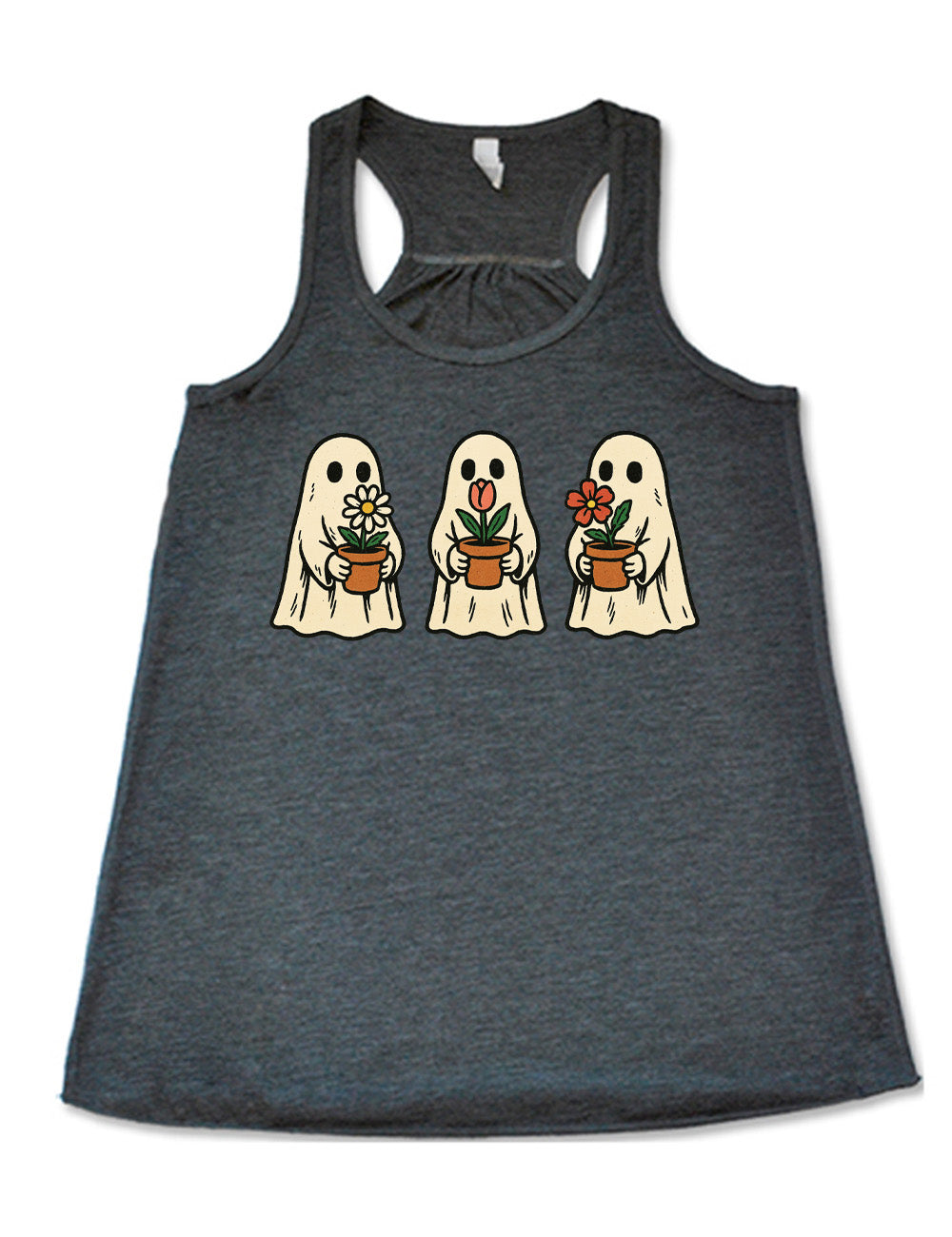grey flowy racerback tank with the graphic of three ghosts, each holding a flower pot