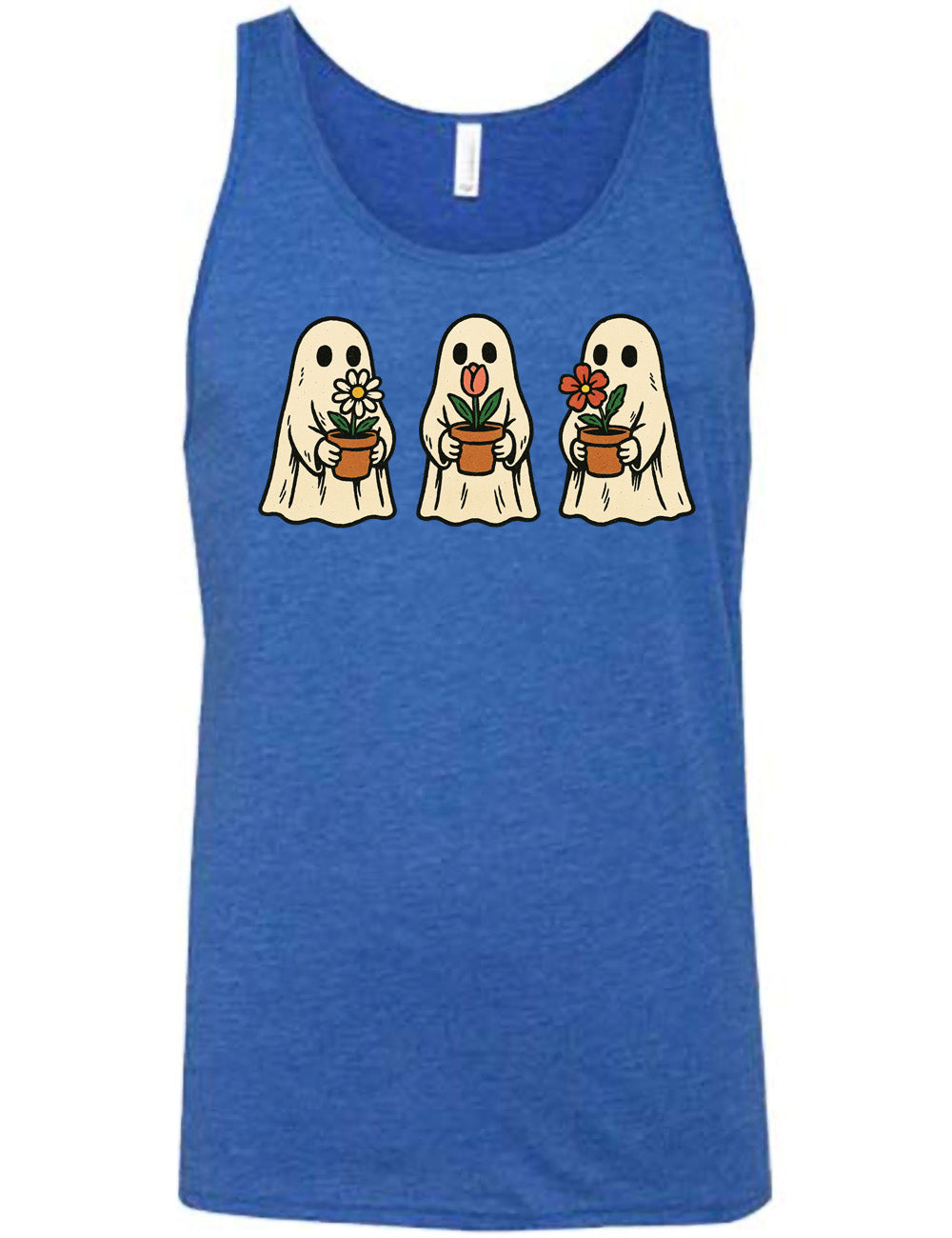 blue unisex tank with the graphic of three ghosts, each holding a flower pot
