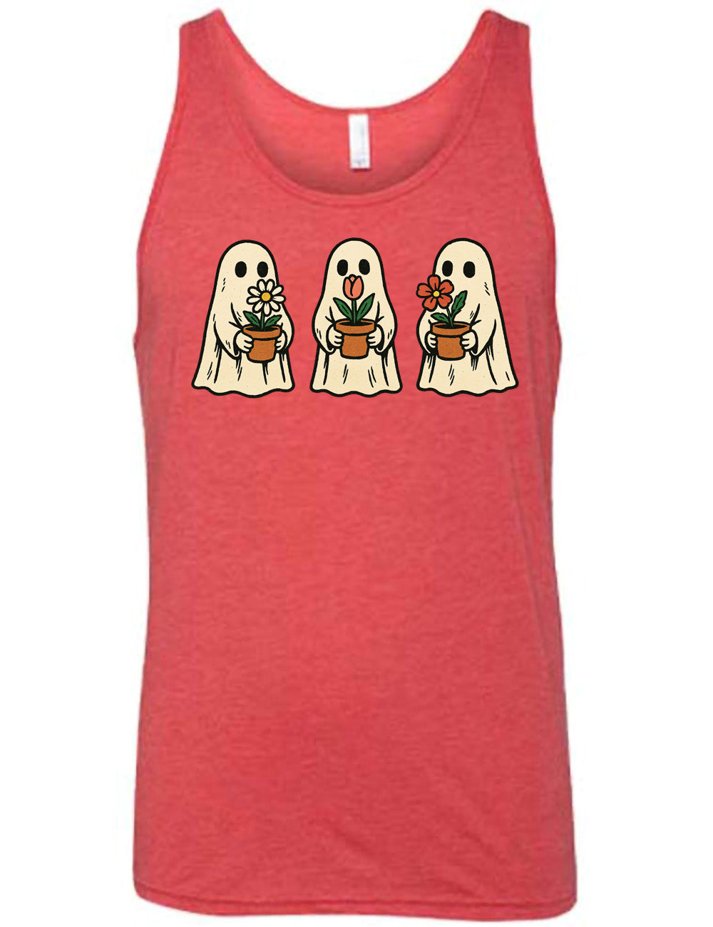 red unisex tank with the graphic of three ghosts, each holding a flower pot