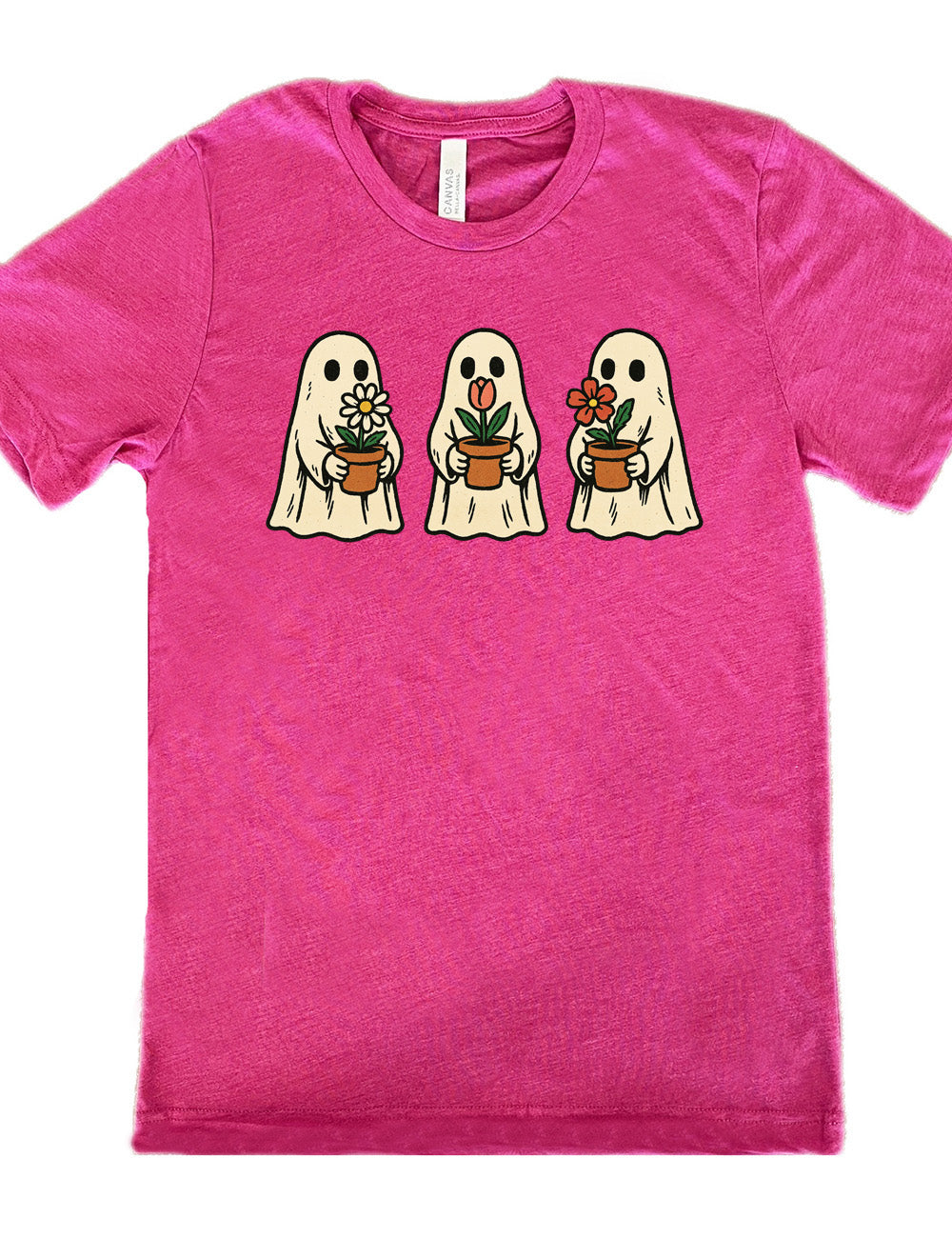 berry unisex tee with the graphic of three ghosts, each holding a flower pot