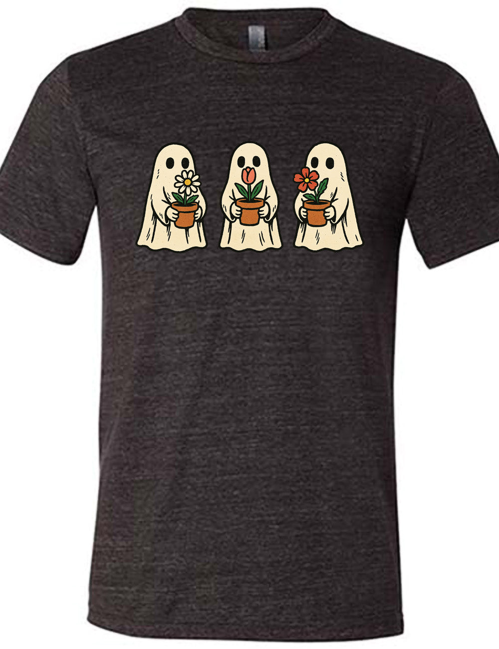 black unisex tee with the graphic of three ghosts, each holding a flower pot