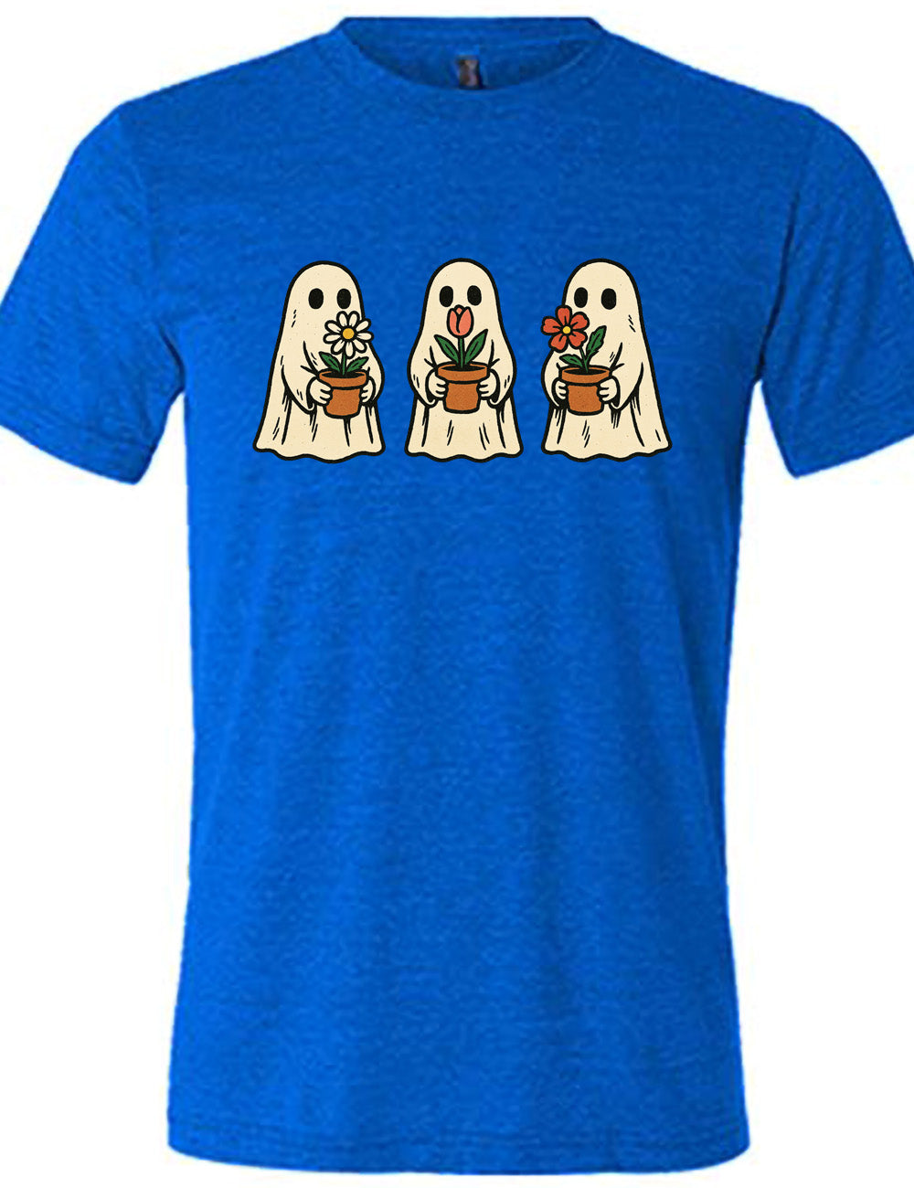 blue unisex tee with the graphic of three ghosts, each holding a flower pot