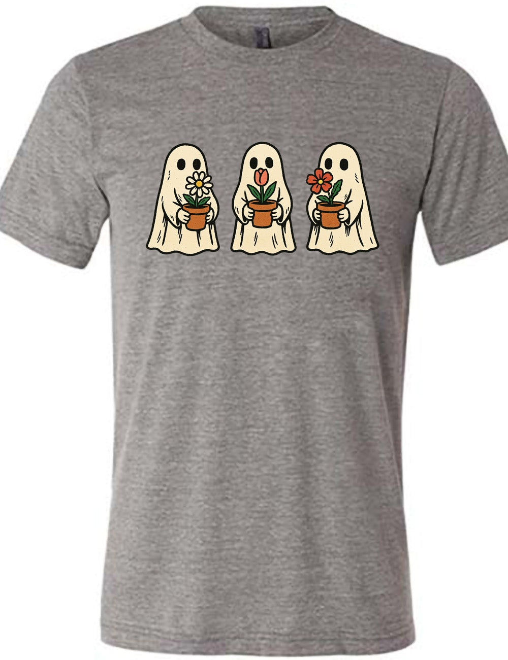 grey unisex tee with the graphic of three ghosts, each holding a flower pot