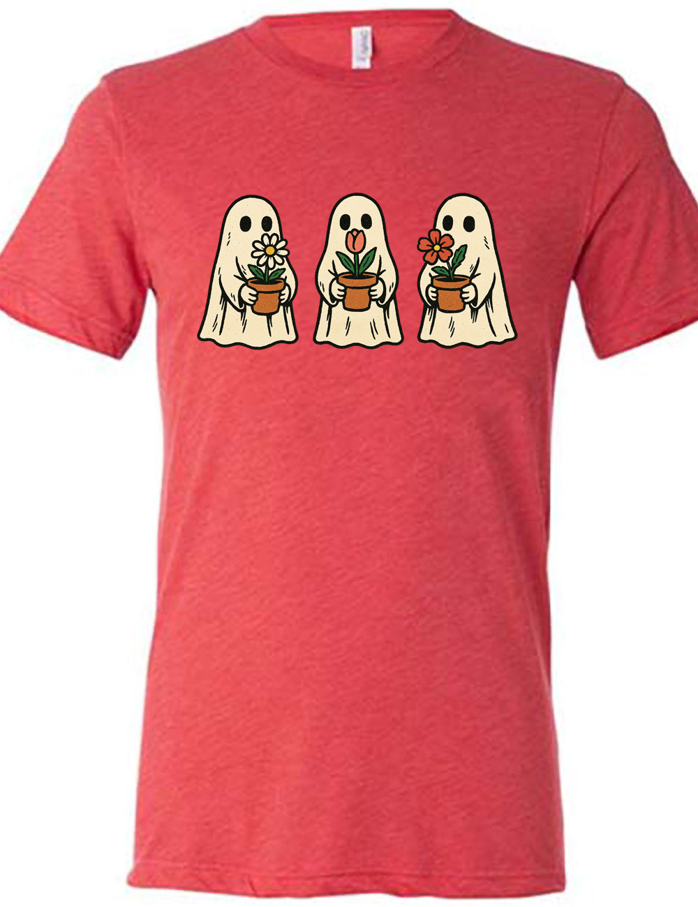 red unisex tee with the graphic of three ghosts, each holding a flower pot
