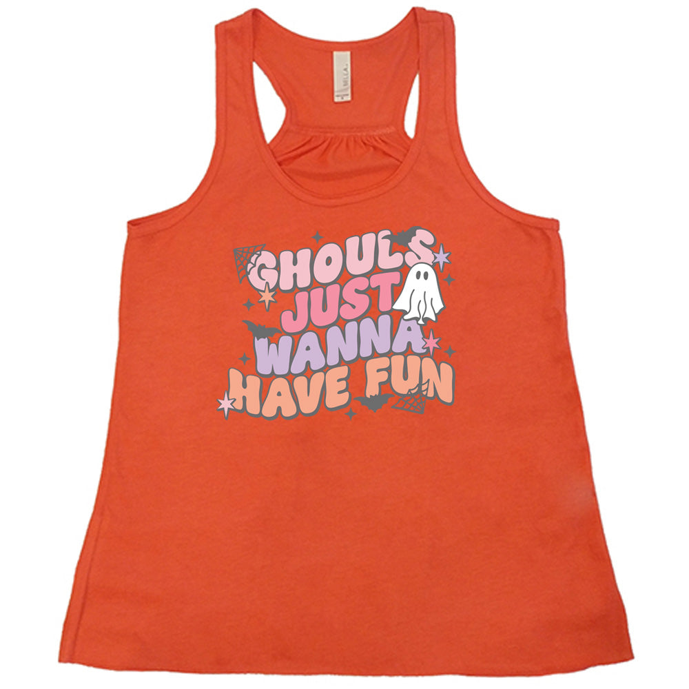 Coral colored flowy tank with ghost, spider web, and bats graphic on it that says "Ghouls Just Wanna Have Fun" 