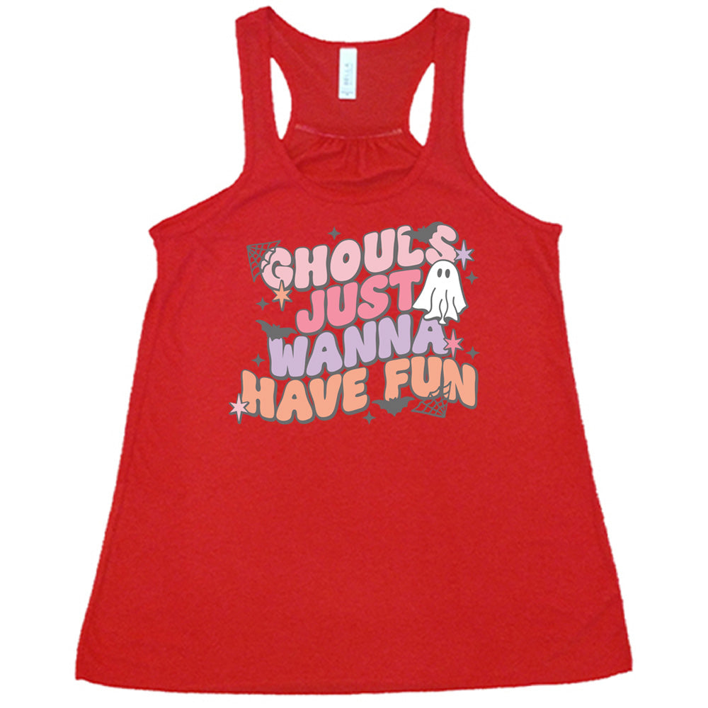 Red colored flowy tank with ghost, spider web, and bats graphic on it that says "Ghouls Just Wanna Have Fun" 