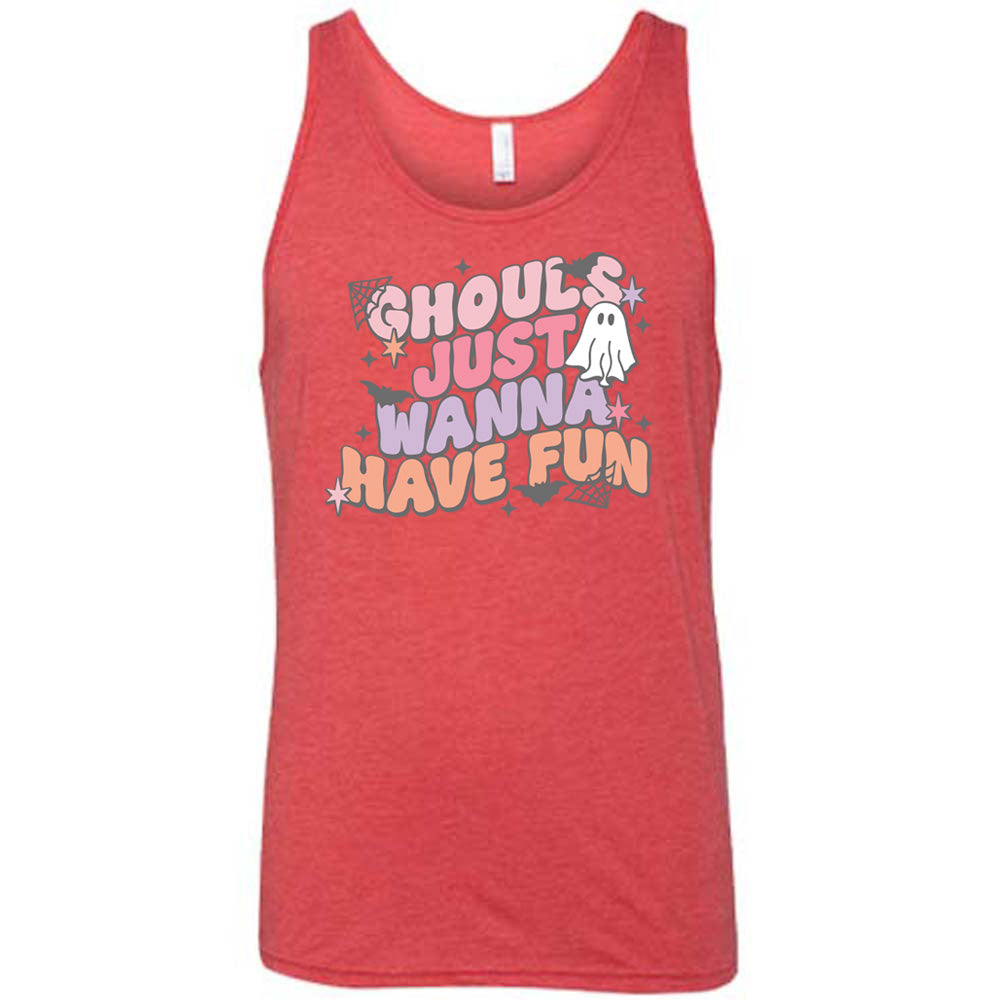 Red colored tank with ghost, spider web, and bats graphic on it that says "Ghouls Just Wanna Have Fun"