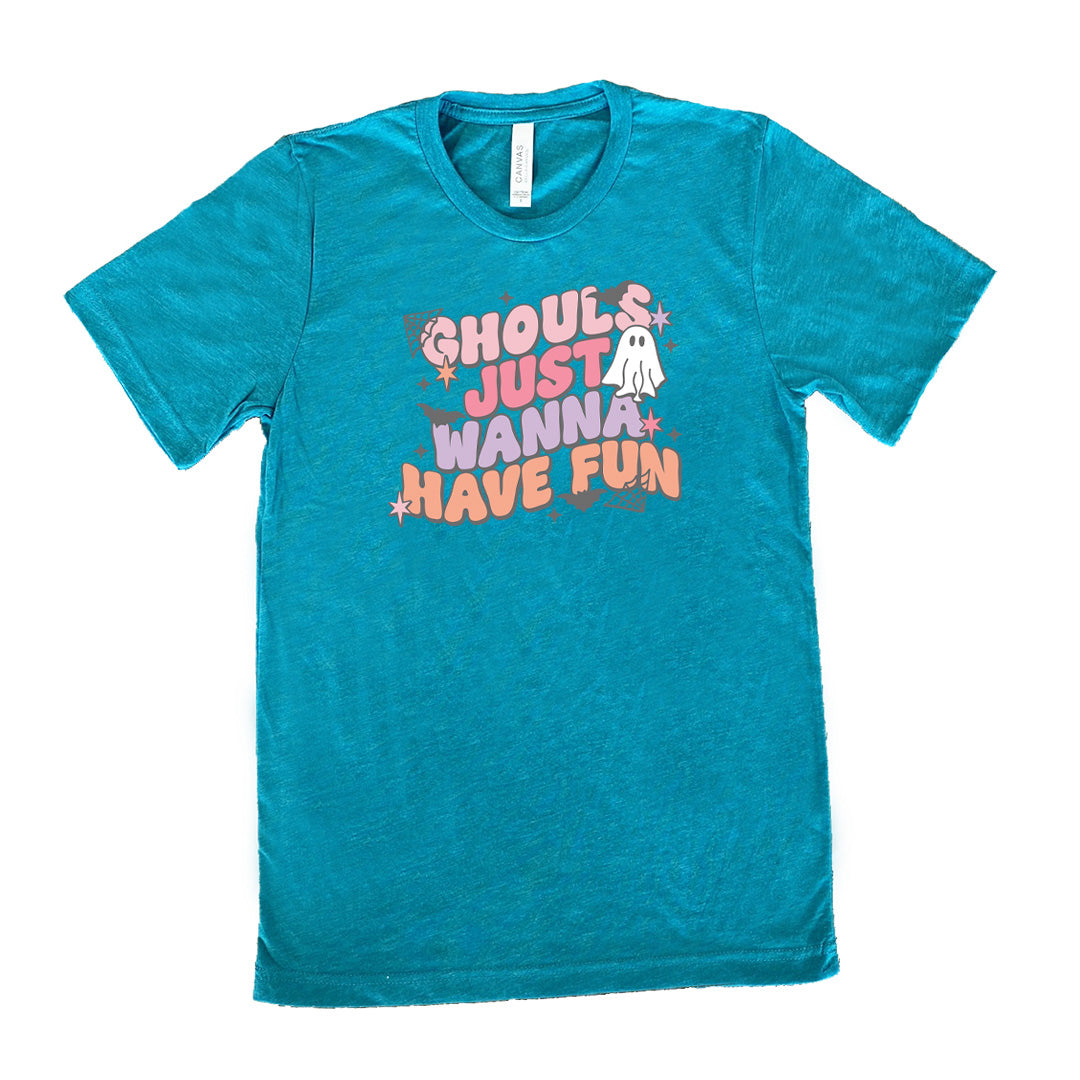 Teal colored shirt with ghost, spider web, and bats graphic on it that says "Ghouls Just Wanna Have Fun"