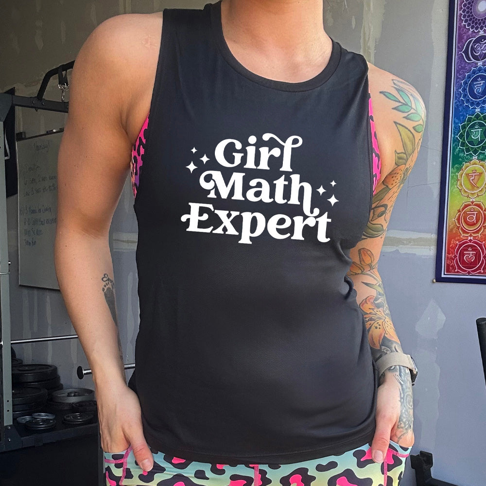Black colored muscle tank that says "Girl Math Expert"