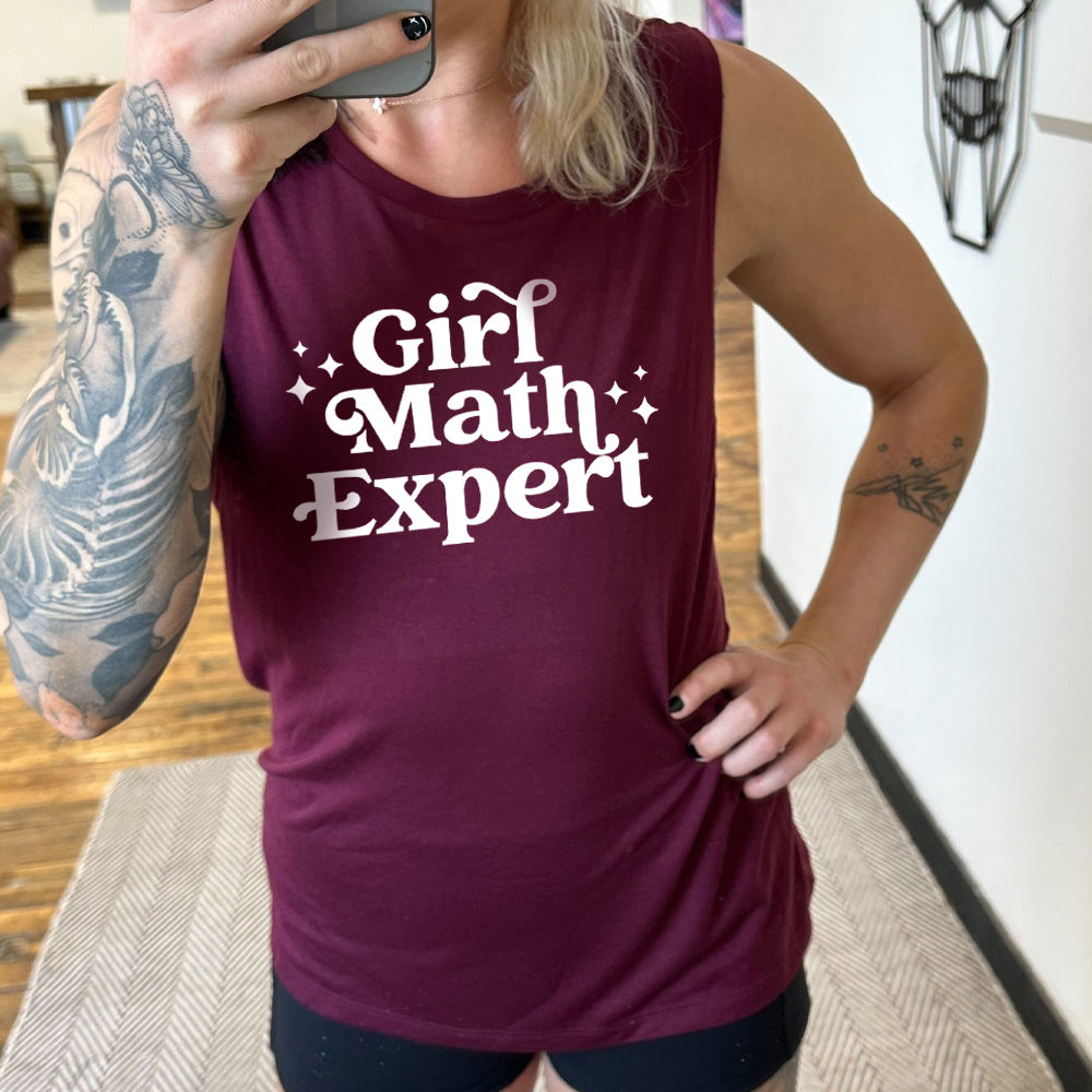 Maroon colored muscle tank that says "Girl Math Expert"