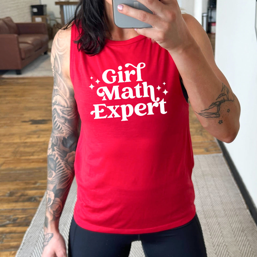 red muscle tank that says "Girl Math Expert" 