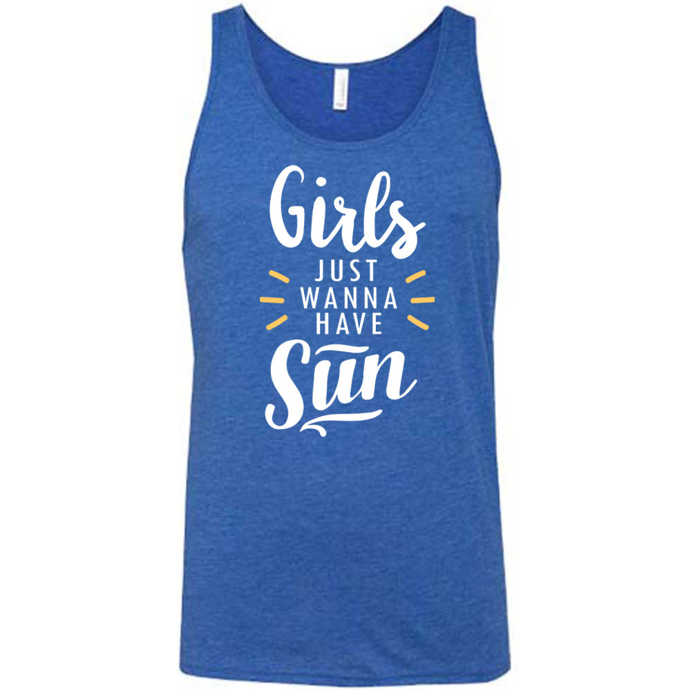 Blue colored tank with a sun ray graphic on it that says "Girls Just Wanna Have Sun" 