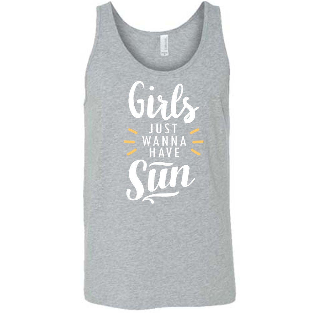 Grey colored tank with a sun ray graphic on it that says "Girls Just Wanna Have Sun" 