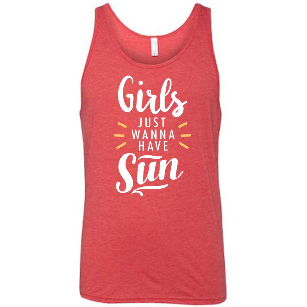 Red colored tank with a sun ray graphic on it that says "Girls Just Wanna Have Sun" 