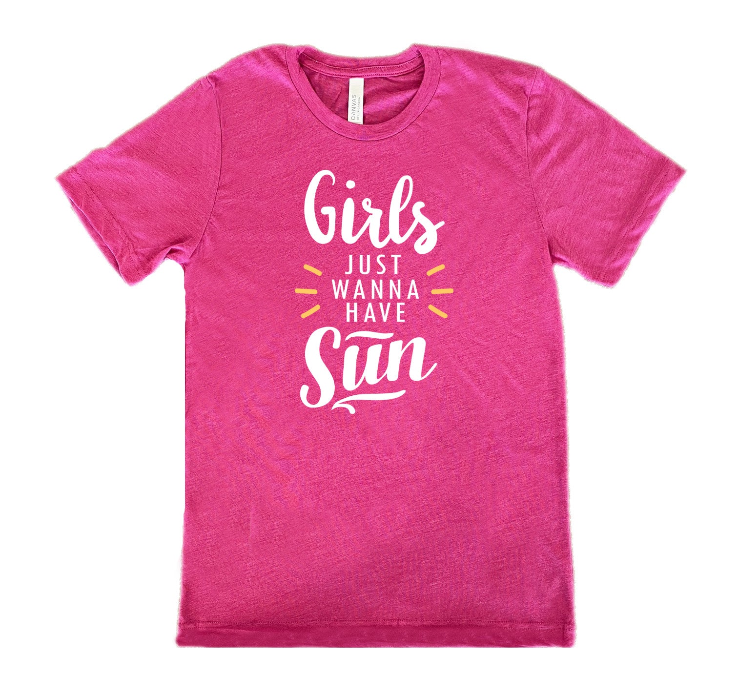 Berry colored shirt with a sun ray graphic on it that says "Girls Just Wanna Have Sun" 