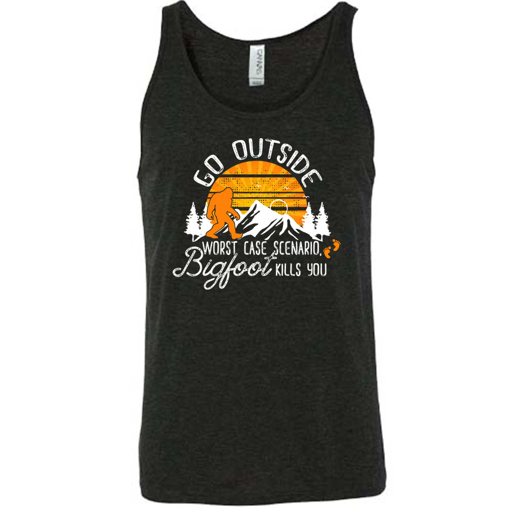 Black colored tank with sun and bigfoot in mountains graphic on it that says "Go Outside, Worst Case Scenario Bigfoot Kills You"
