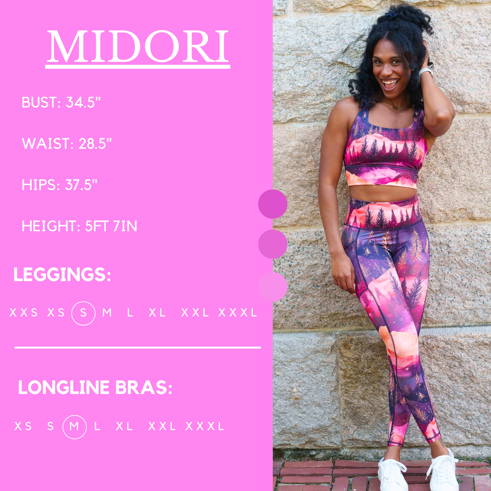 Model’s measurements of 34.5” bust, 28.5” waist, 37.5” hips and height of 5 ft 7 inches. She is wearing a size small in our leggings