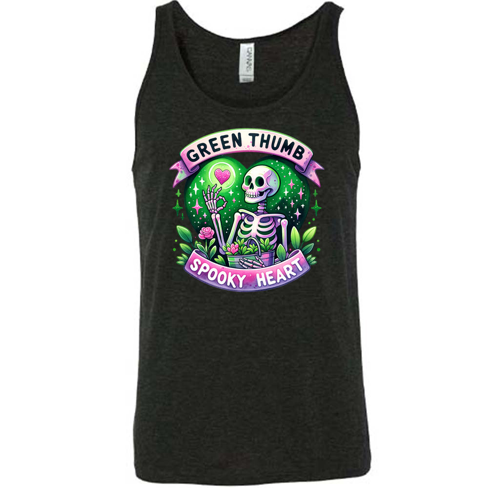 Black colored tank with a skeleton and plants graphic on it that says "Green Thumb Spooky Heart"