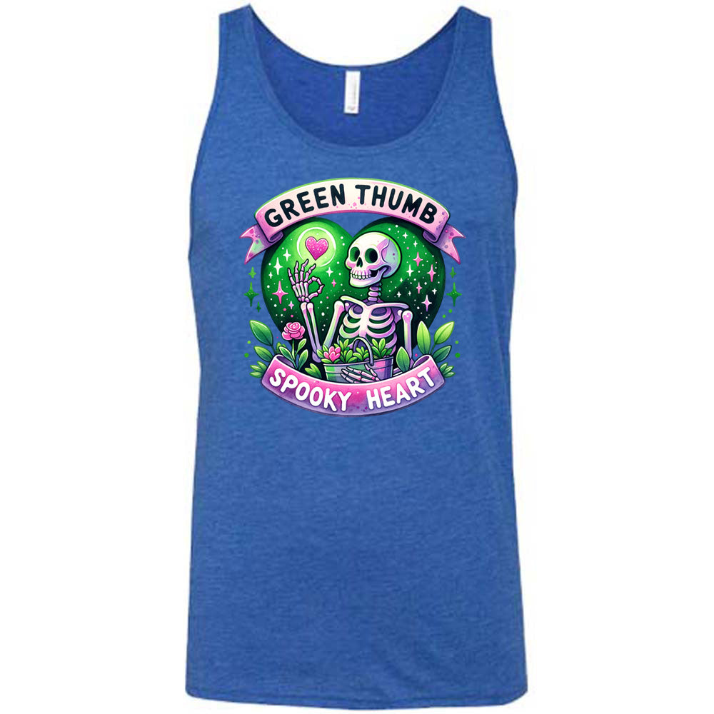 Blue colored tank with a skeleton and plants graphic on it that says "Green Thumb Spooky Heart"