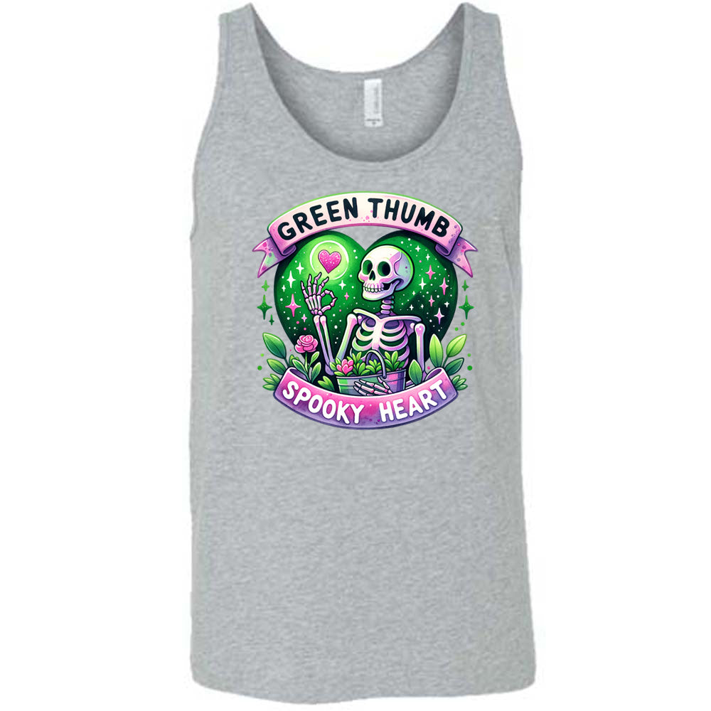 Grey colored tank with a skeleton and plants graphic on it that says "Green Thumb Spooky Heart"
