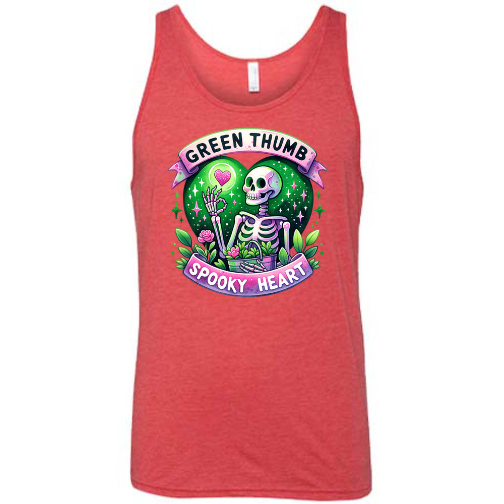 Red colored tank with a skeleton and plants graphic on it that says "Green Thumb Spooky Heart"