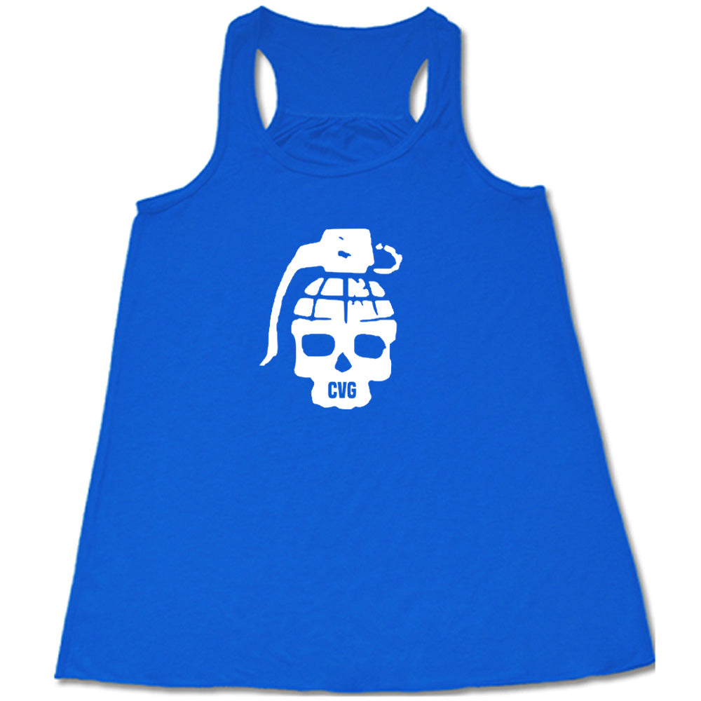 blue shirt with a grenade skull graphic on it
