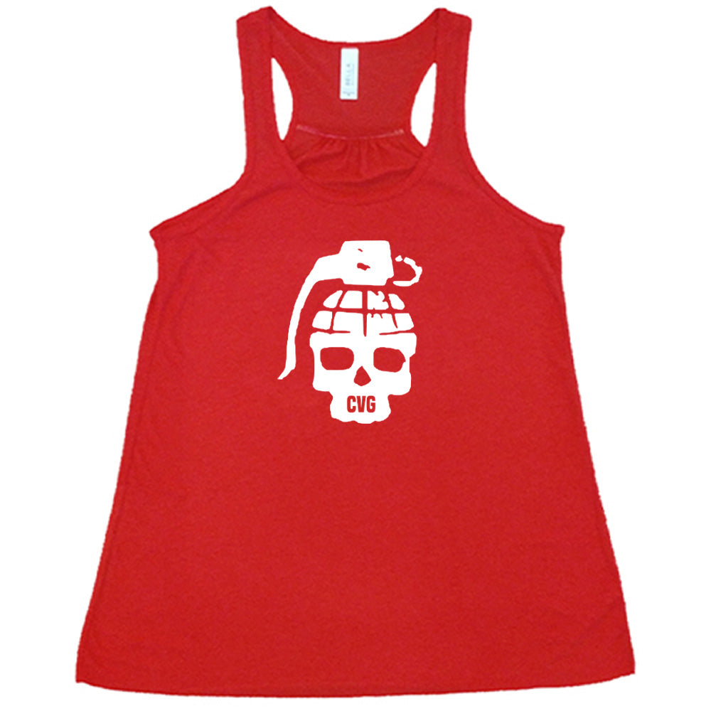 red shirt with a grenade skull graphic on it