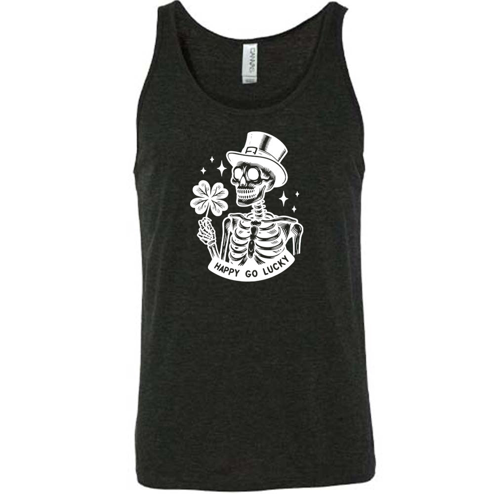 black shirt with a skeleton graphic and the text "happy go lucky" on it