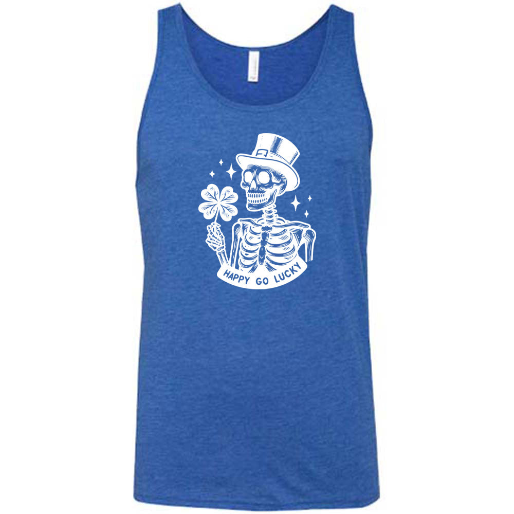 blue shirt with a skeleton graphic and the text "happy go lucky" on it