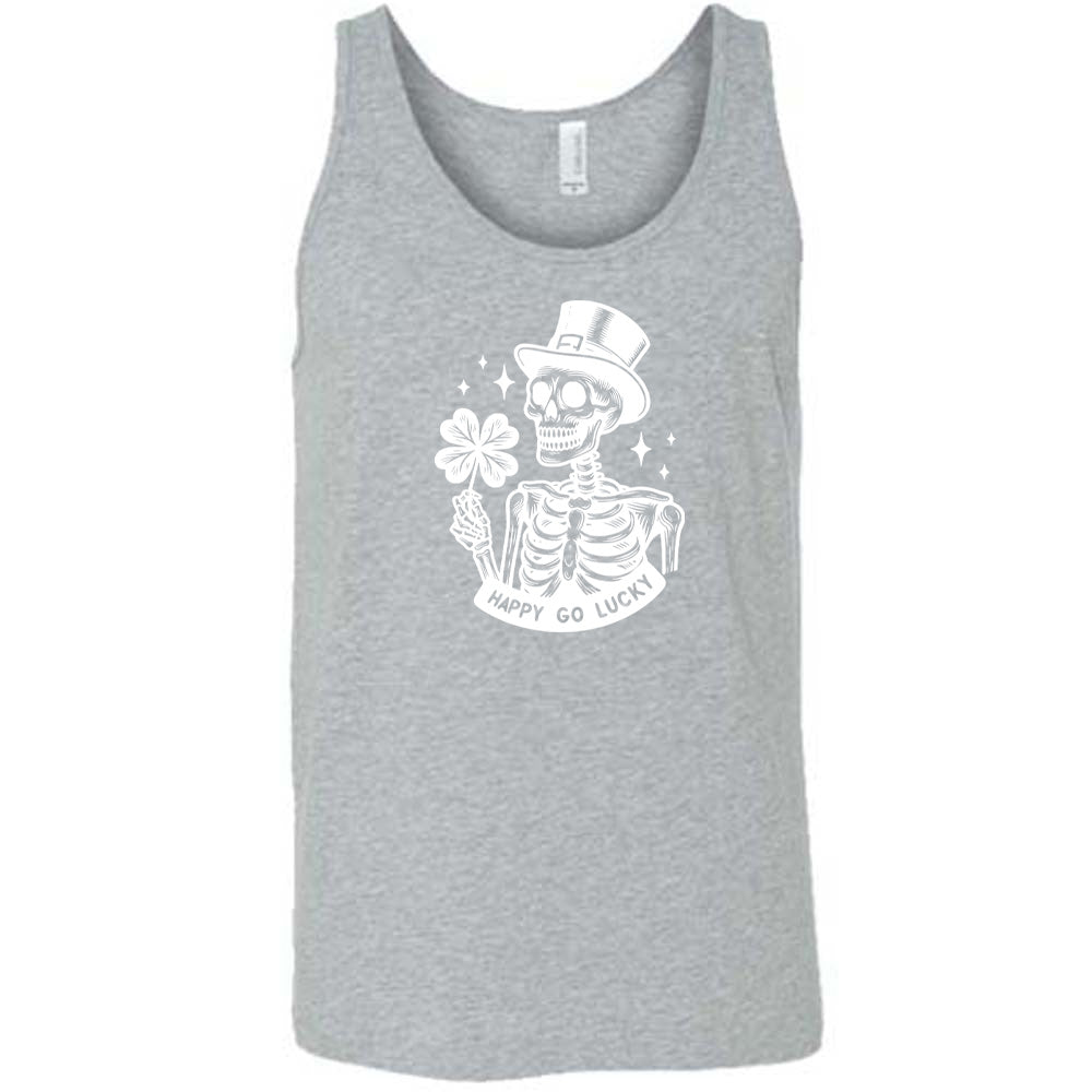 grey shirt with a skeleton graphic and the text "happy go lucky" on it